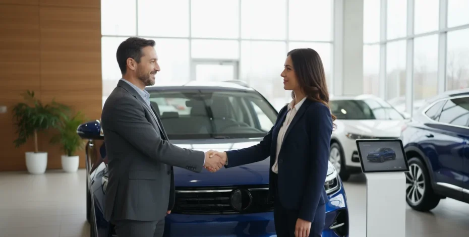 Car sales man and woman client shake hands
