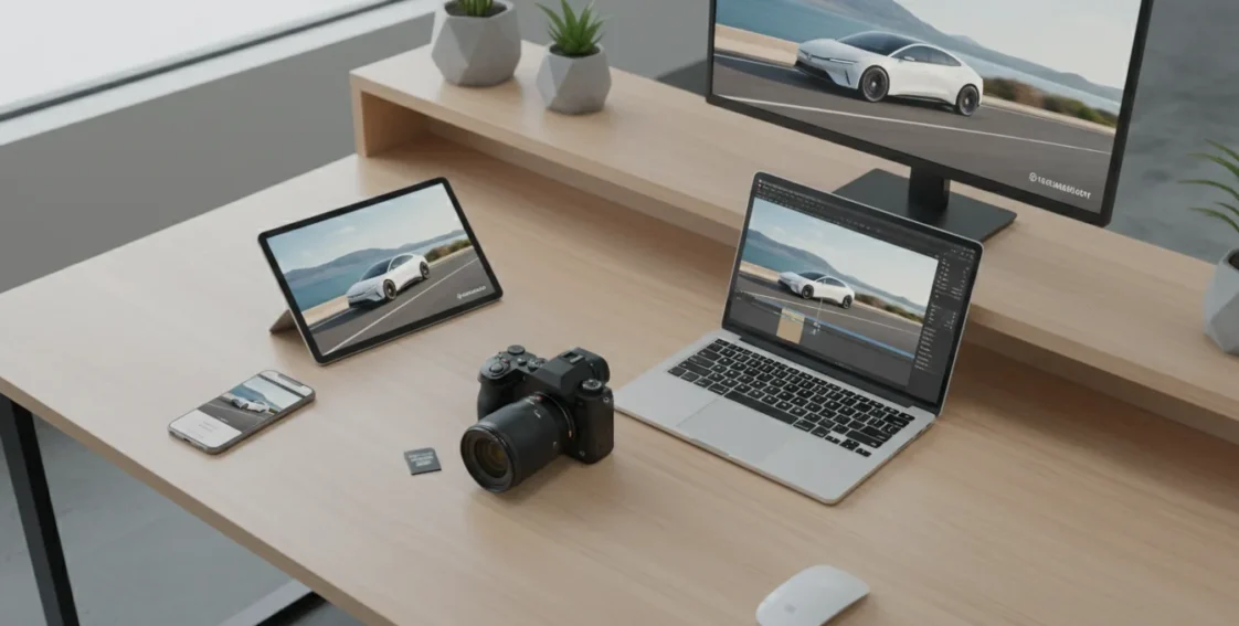 desk with a video of a tesla playing in the background