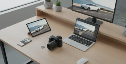 desk with a video of a tesla playing in the background